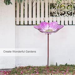 Outdoor Glass Bird Bath with Metal Stake and Pink Bird Bowls for Garden Yard Lawn