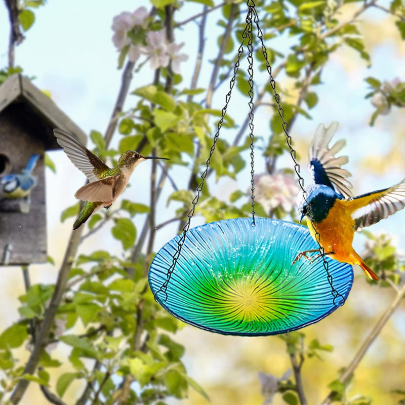 Outdoor Hanging Glass Bird Bath with Small Feeder for Garden Lawn and Patio - 10.5"