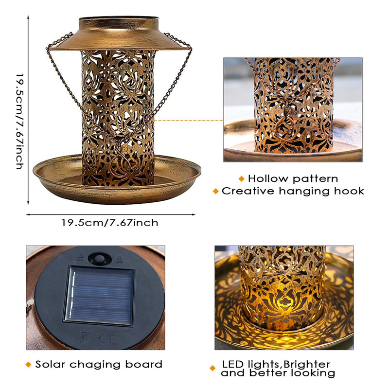 Outdoor Solar Bird Feeder with Metal Hook and Solar Light - Brown (20 cm/7.8 in)