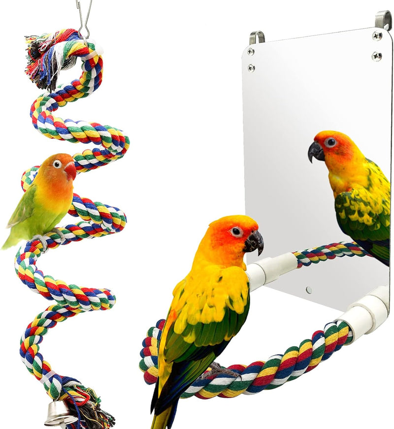 "Set of 2 Bird Mirrors with Rope Perch and Swing Toys for Parrots and Small Birds (Large)"