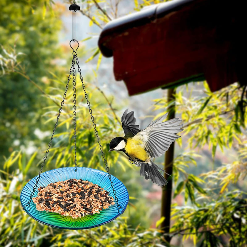 Outdoor Hanging Glass Bird Bath with Small Feeder for Garden Lawn and Patio - 10.5"