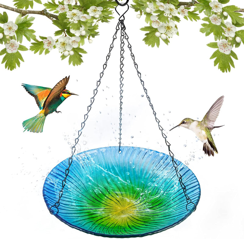 Outdoor Hanging Glass Bird Bath with Small Feeder for Garden Lawn and Patio - 10.5"