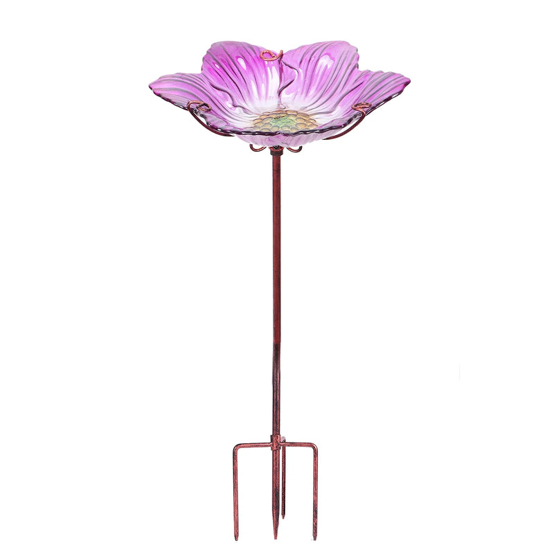 Outdoor Glass Bird Bath with Metal Stake and Pink Bird Bowls for Garden Yard Lawn