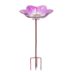 Outdoor Glass Bird Bath with Metal Stake and Pink Bird Bowls for Garden Yard Lawn