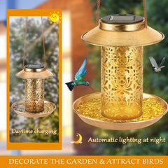 Outdoor Solar Bird Feeder with Metal Hook and Solar Light - Brown (20 cm/7.8 in)