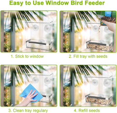 Window Bird Feeder with Strong Suction Cups, Kitchen Window Bird Feeder Acrylic Hanging Bird Feeder Outdoor Suction Bird House for outside Wild Birds Cardinal, Blue Jay, Finche, Chickadee (Flat Roof)