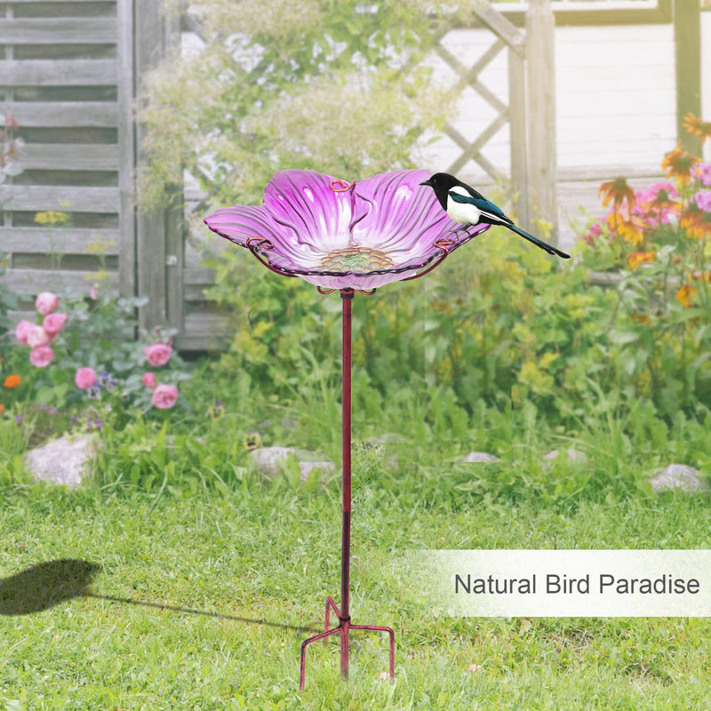 Outdoor Glass Bird Bath with Metal Stake and Pink Bird Bowls for Garden Yard Lawn