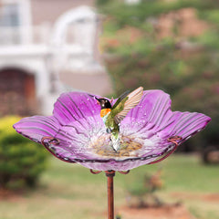 Outdoor Glass Bird Bath with Metal Stake and Pink Bird Bowls for Garden Yard Lawn