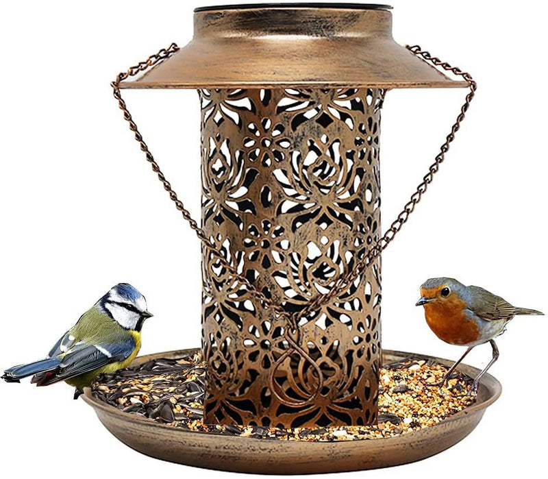 Outdoor Solar Bird Feeder with Metal Hook and Solar Light - Brown (20 cm/7.8 in)